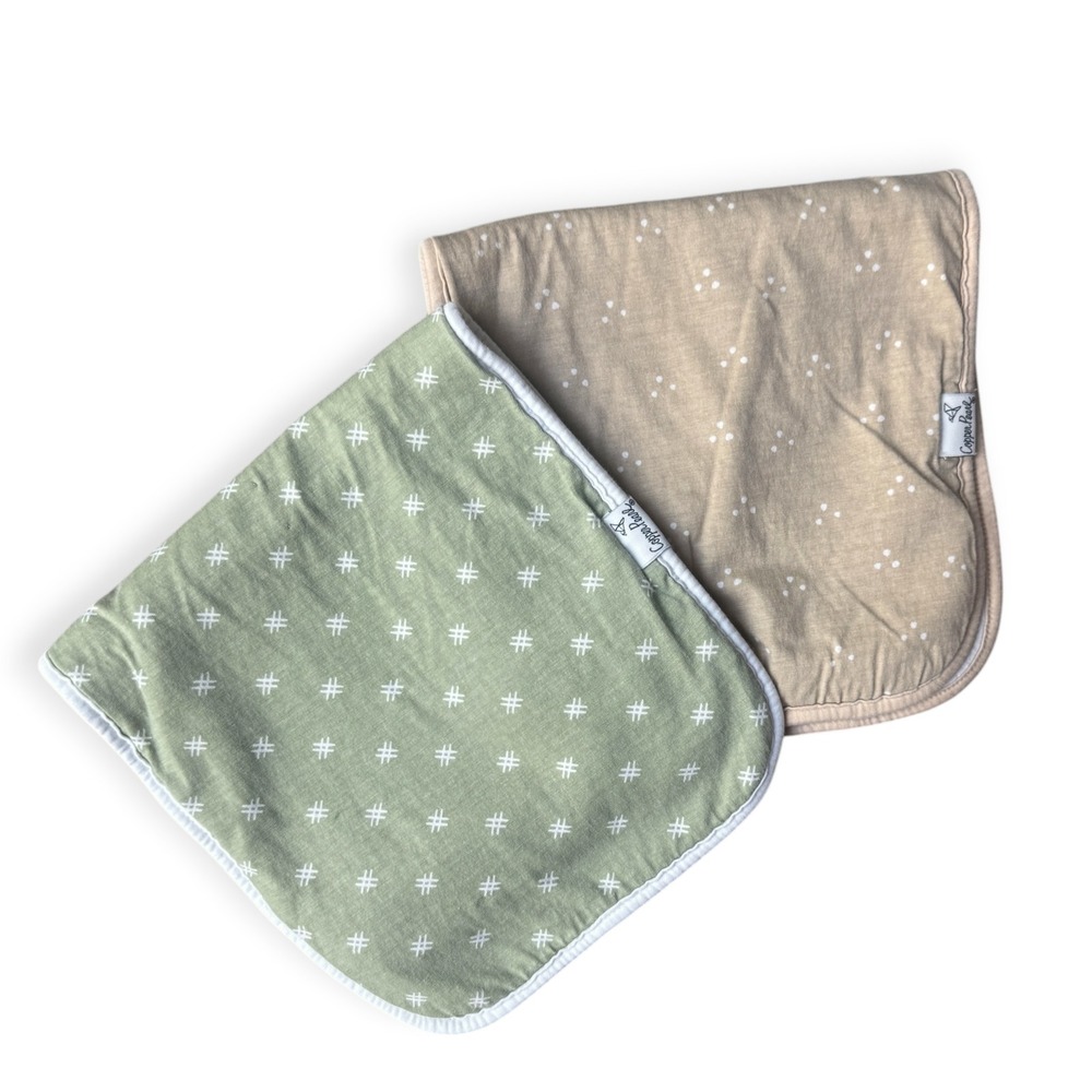 Copper Pearl Burp Cloths Set of 2 Sage Green Tan Geometric Dotted Cotton Fleece